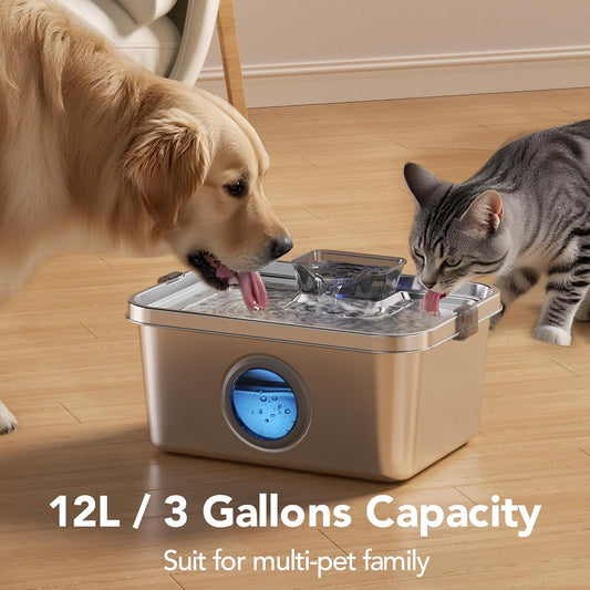 Stainless Steel 3 Gallon Pet Water Fountain Ultra Quiet Smart Pump Multi Pet