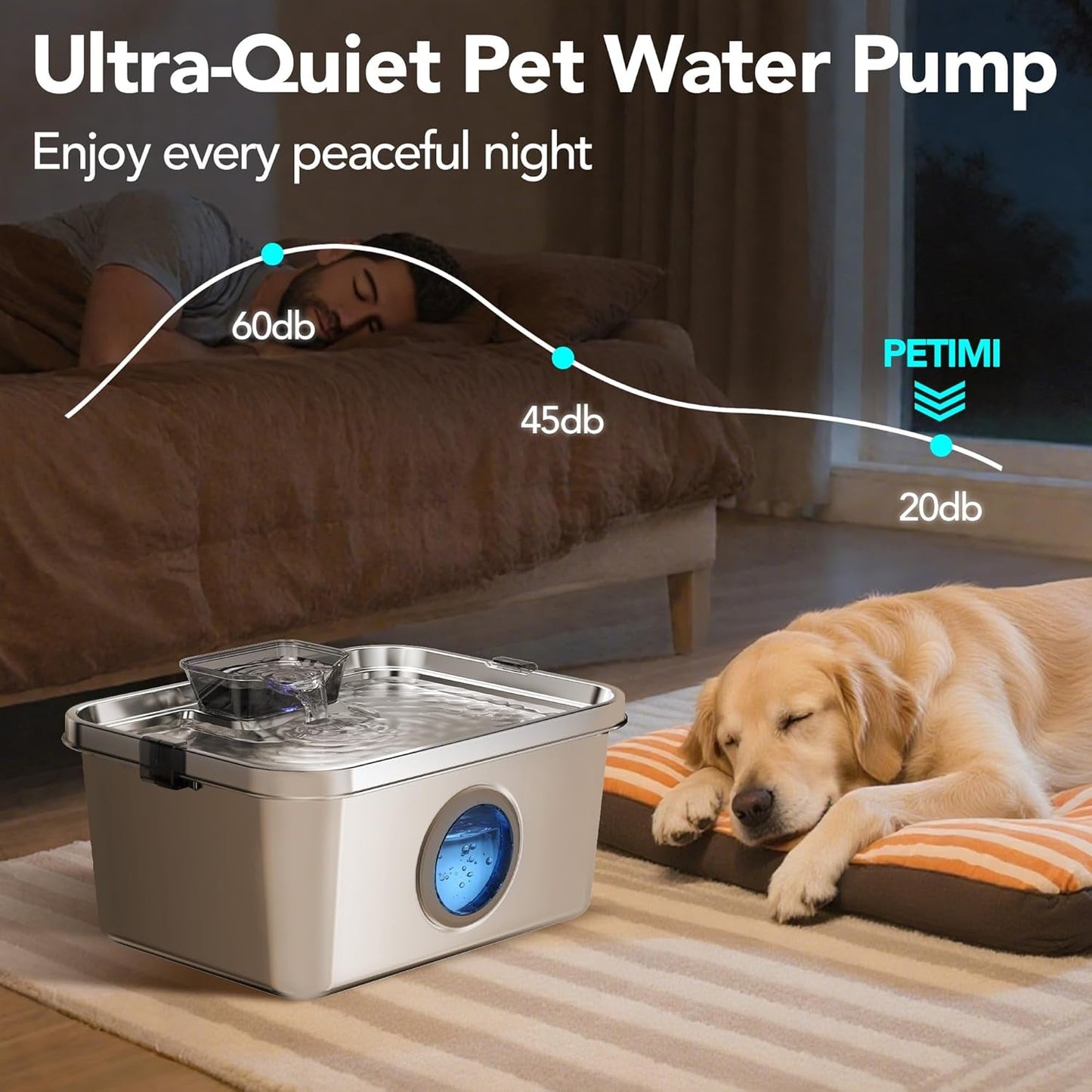 Stainless Steel 3 Gallon Pet Water Fountain Ultra Quiet Smart Pump Multi Pet