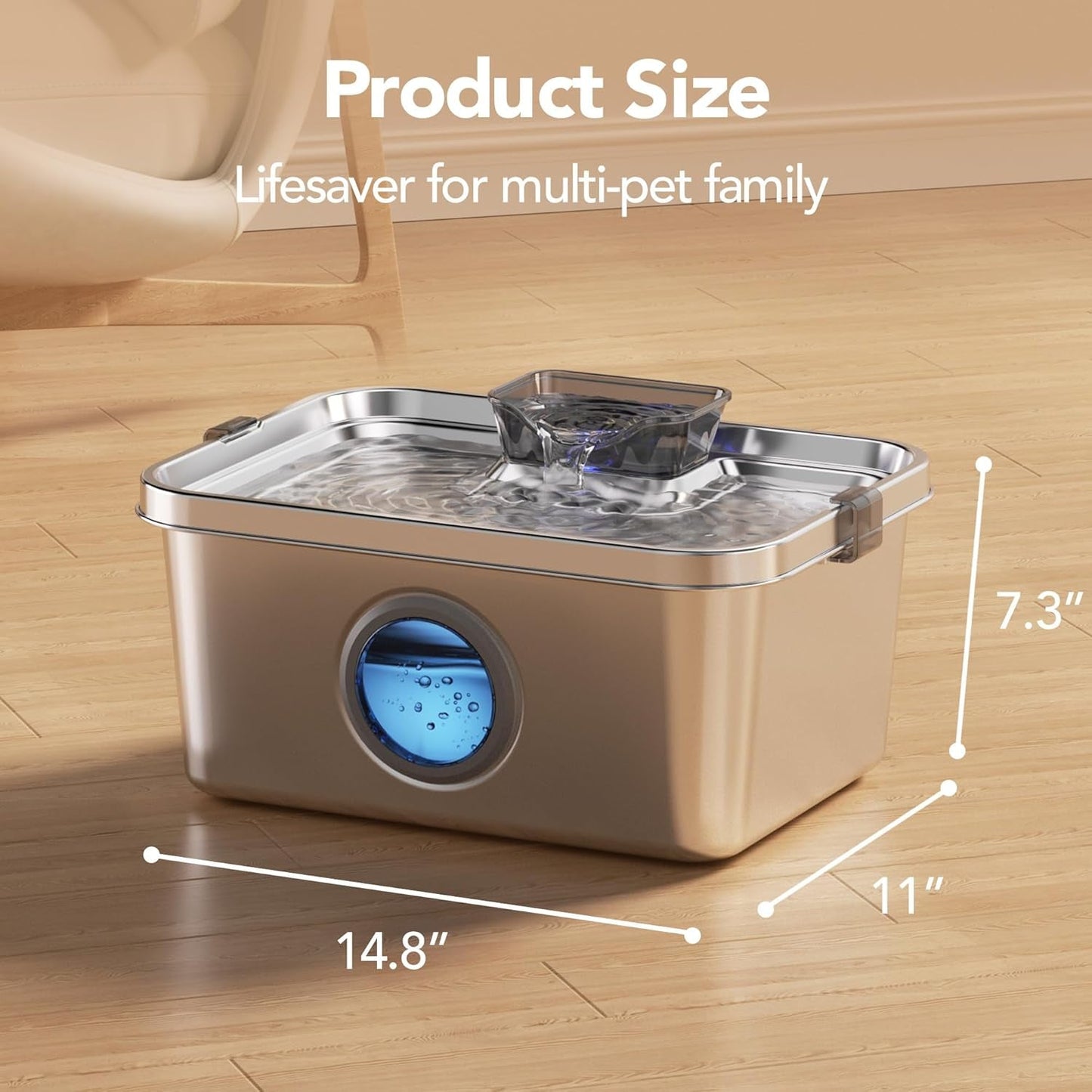 Stainless Steel 3 Gallon Pet Water Fountain Ultra Quiet Smart Pump Multi Pet