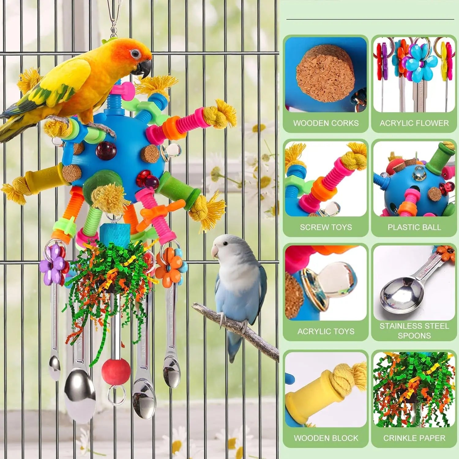 Stainless Steel Spoon Parrot Toy w/ Acrylic & Foraging Ball Blue