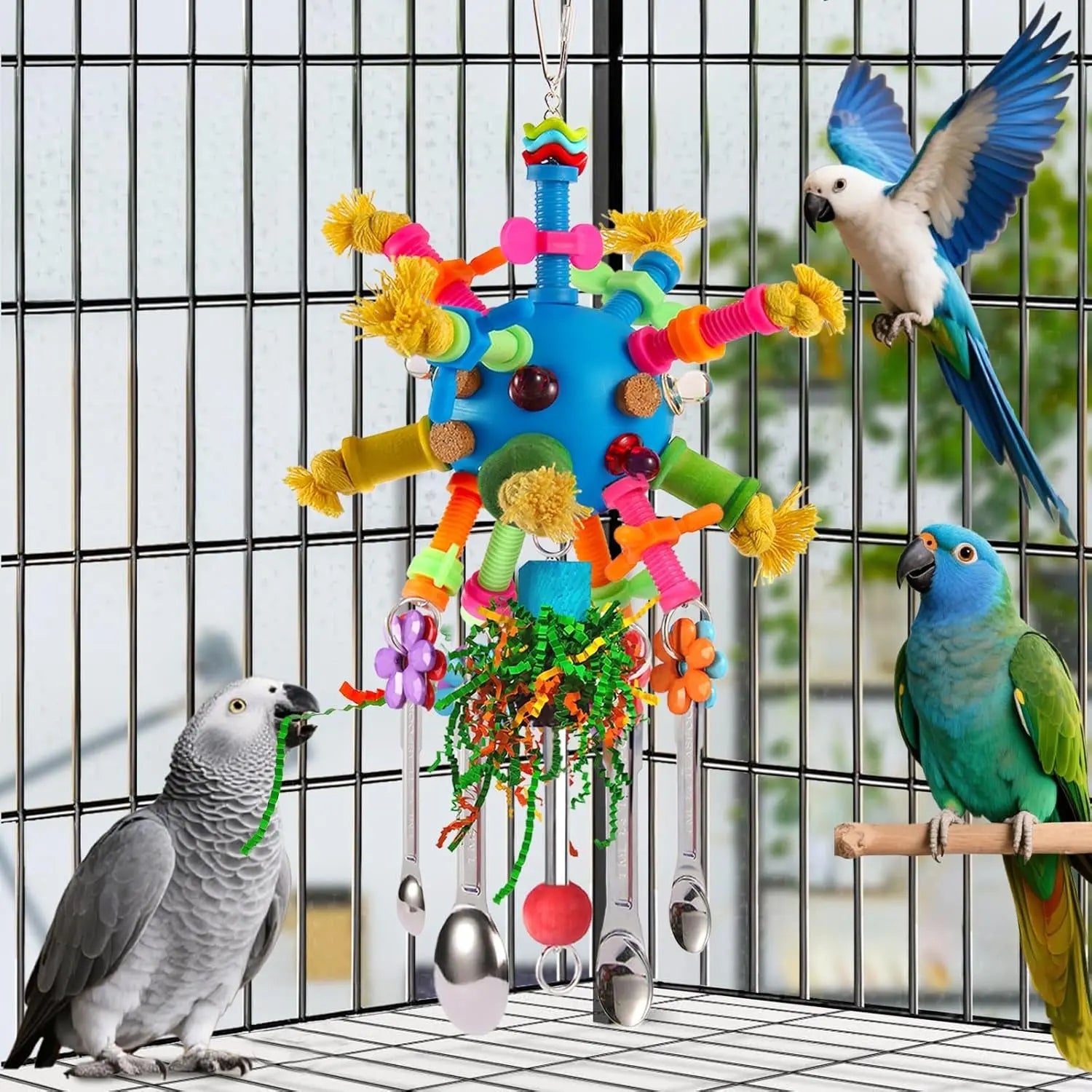 Stainless Steel Spoon Parrot Toy w/ Acrylic & Foraging Ball Blue
