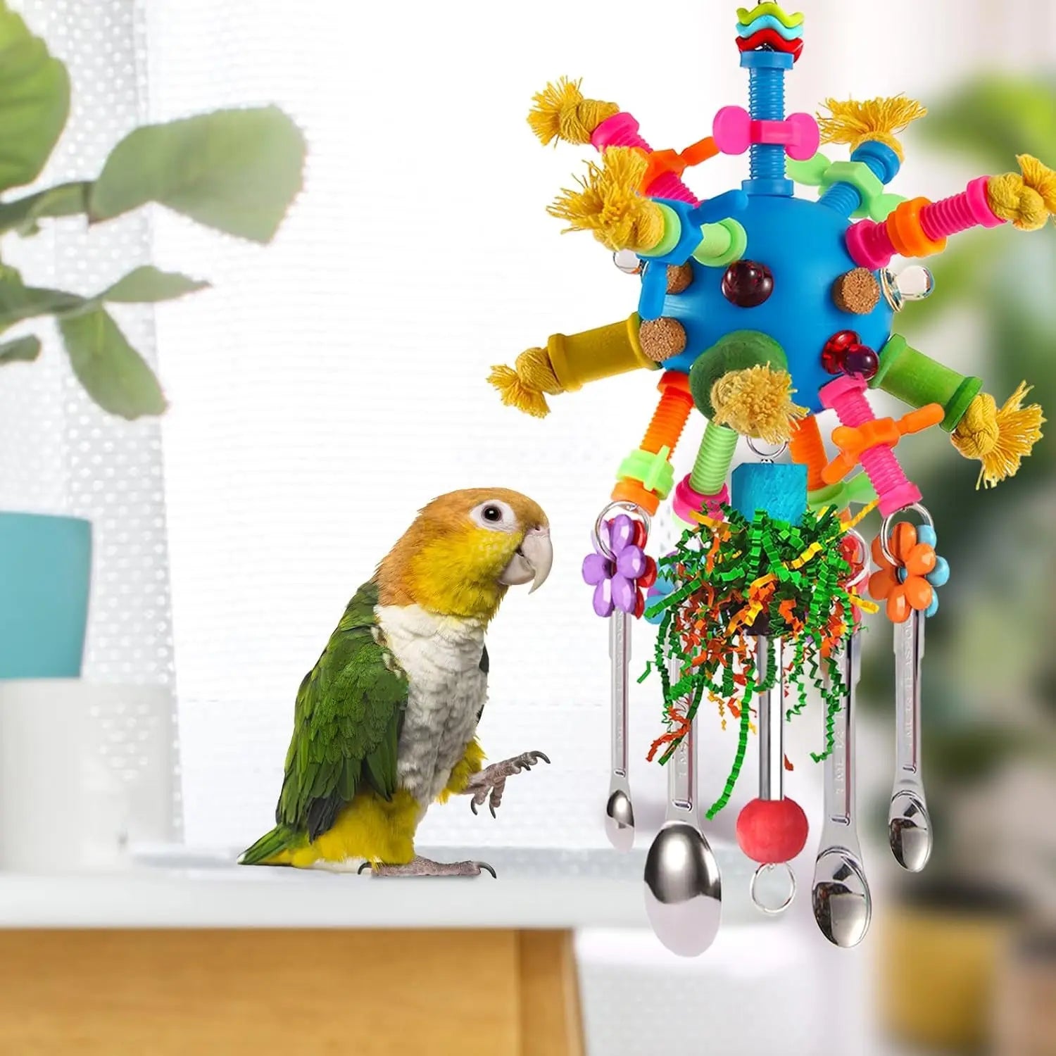 Stainless Steel Spoon Parrot Toy w/ Acrylic & Foraging Ball Blue