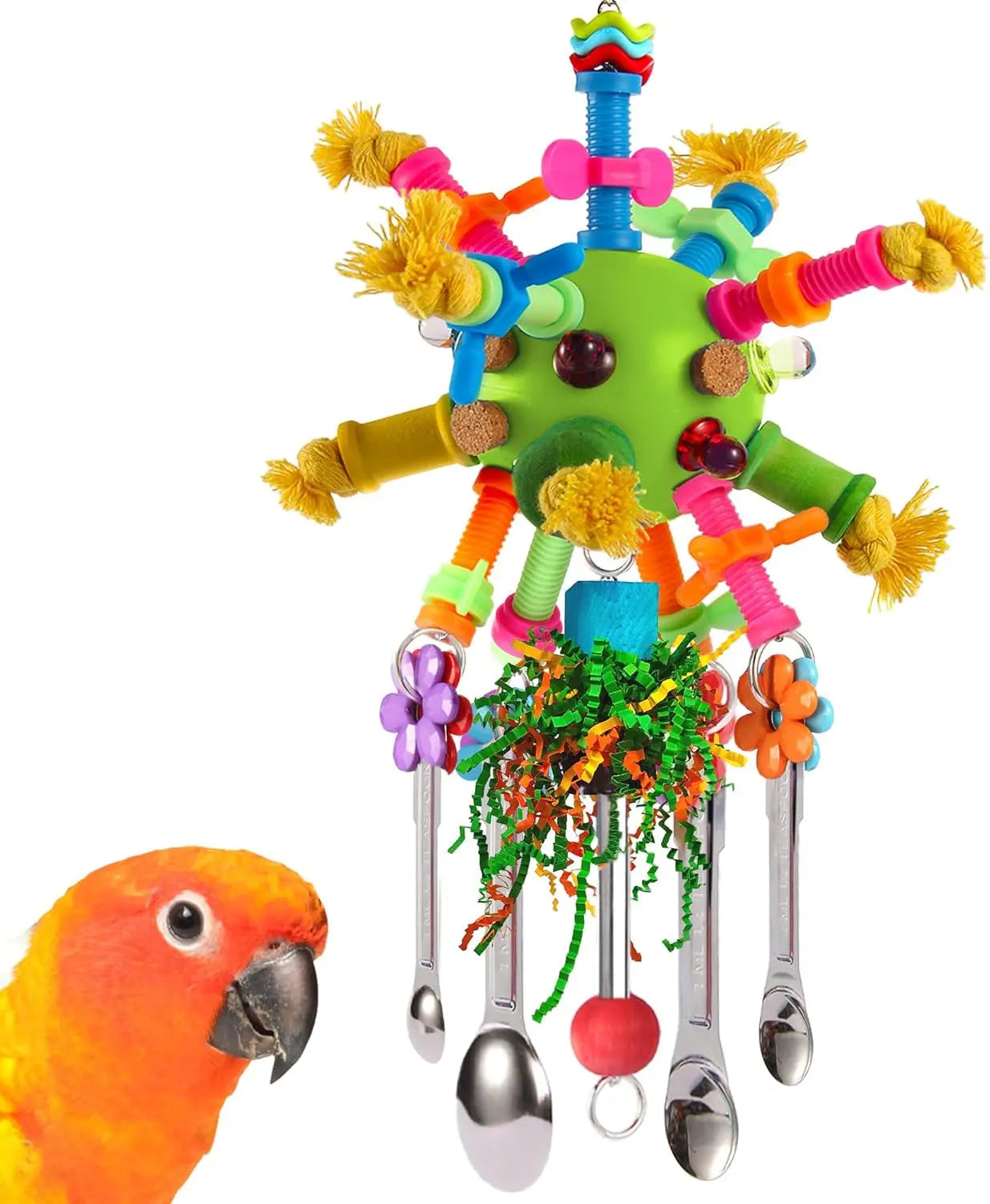 Stainless Steel Spoon Parrot Toy w/ Acrylic & Foraging Ball Blue Green
