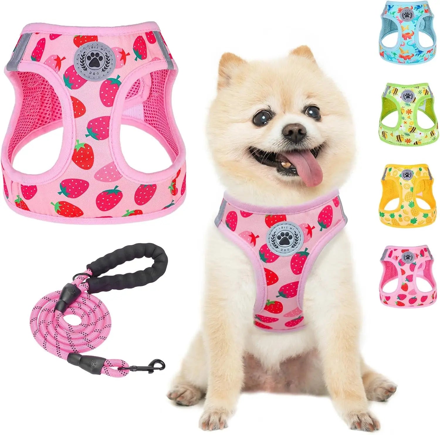 Step-In Dog Harness & Leash Set in Various Patterns – Reflective No Pull (XS- XL) Strawberry