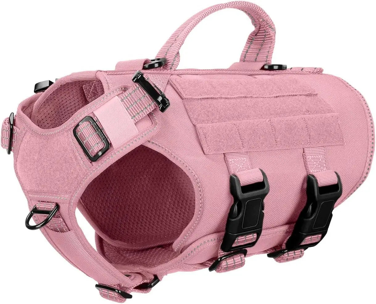 Tactical Dog Harness 6 Buckle No Pull MOLLE Vest Adjustable 3/4 Coverage Pink