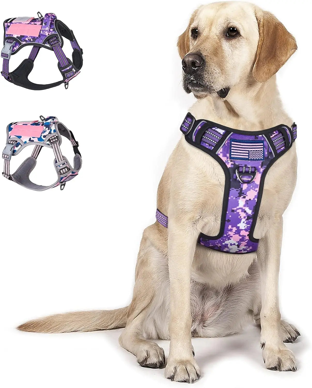 Tactical No-Pull Dog Harness with Handle, Reflective Adjustable Training Vest Purple Camo L(Neck:19-25", Chest:21-35")