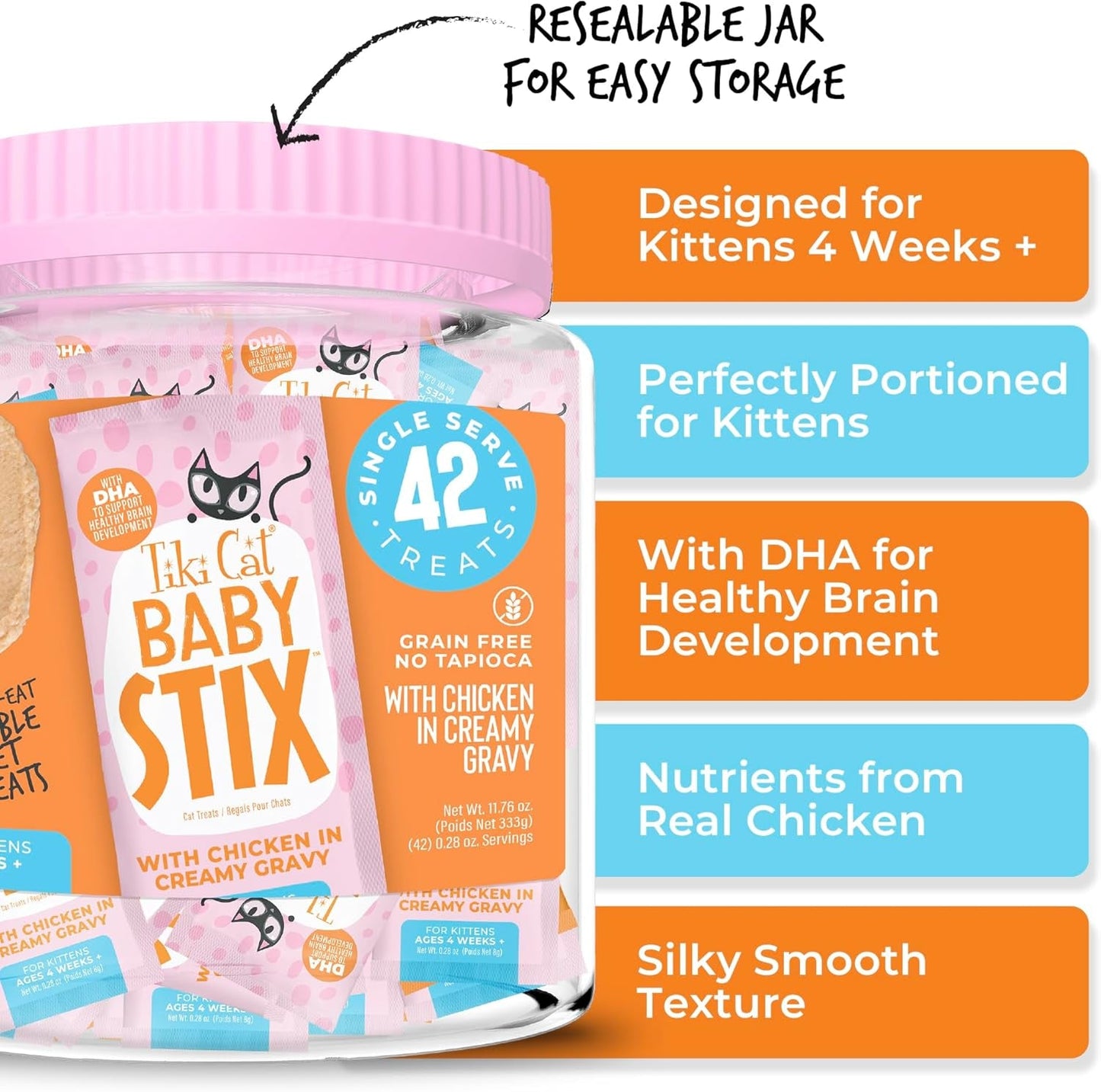 Tiki Cat Kitten Lickable Treats Chicken Gravy Baby Stix Wet Treats 42 Count