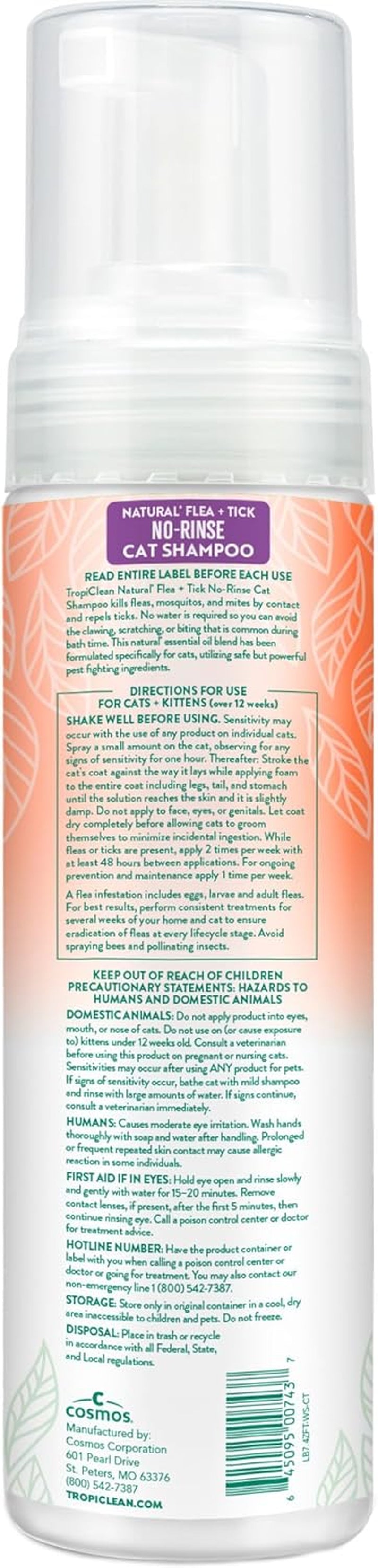 TropiClean Cat Flea Tick Waterless Shampoo Natural Treatment 7.4oz USA