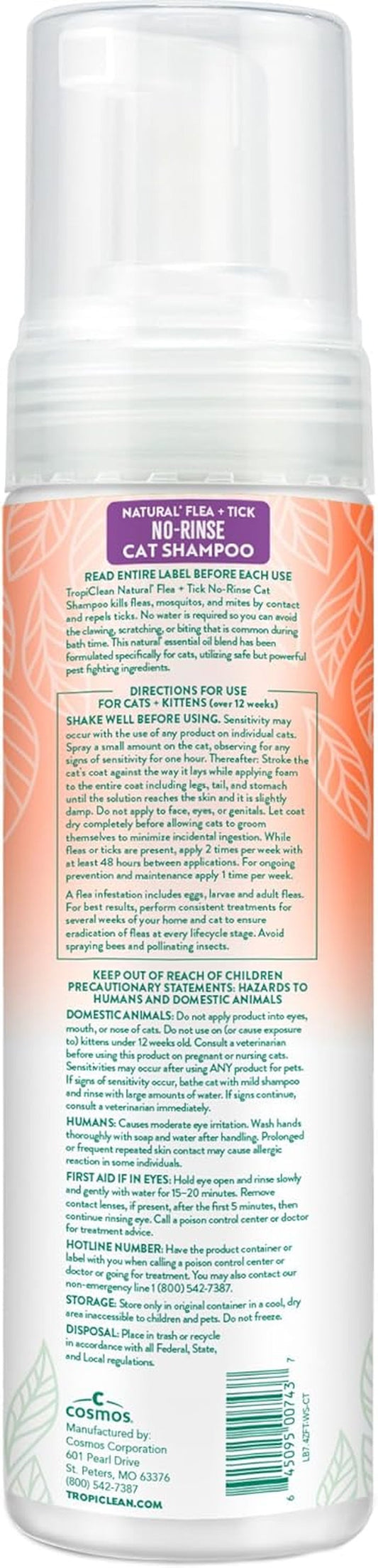 TropiClean Cat Flea Tick Waterless Shampoo Natural Treatment 7.4oz USA