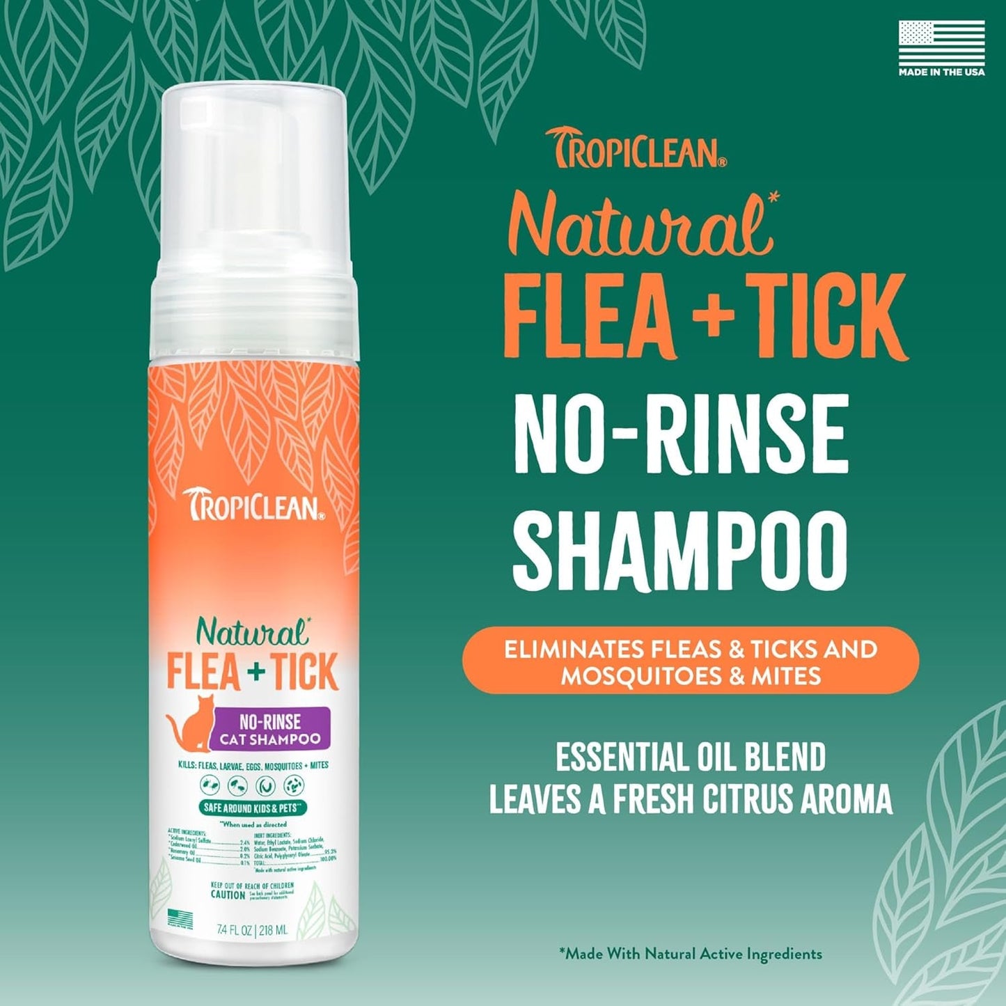 TropiClean Cat Flea Tick Waterless Shampoo Natural Treatment 7.4oz USA