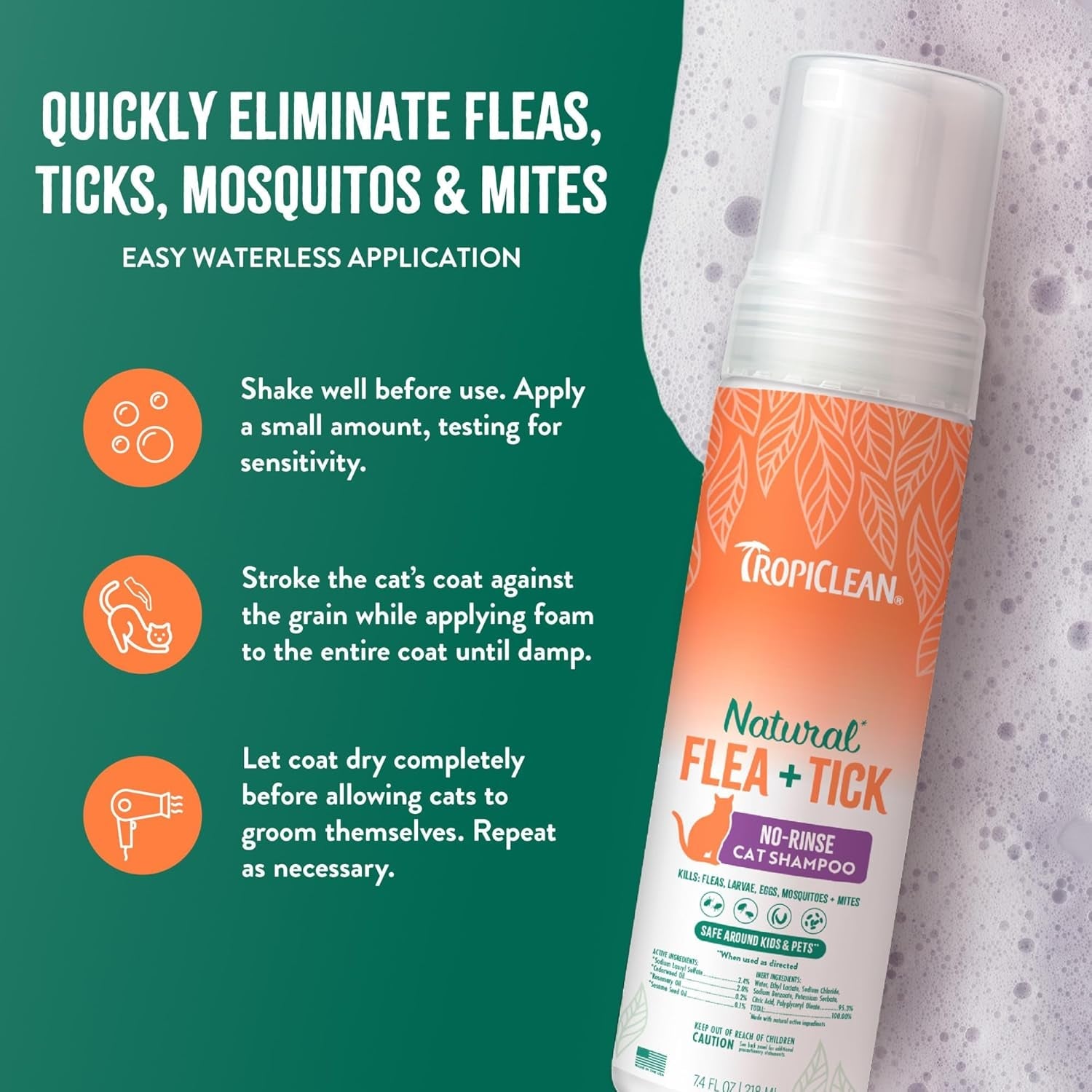TropiClean Cat Flea Tick Waterless Shampoo Natural Treatment 7.4oz USA