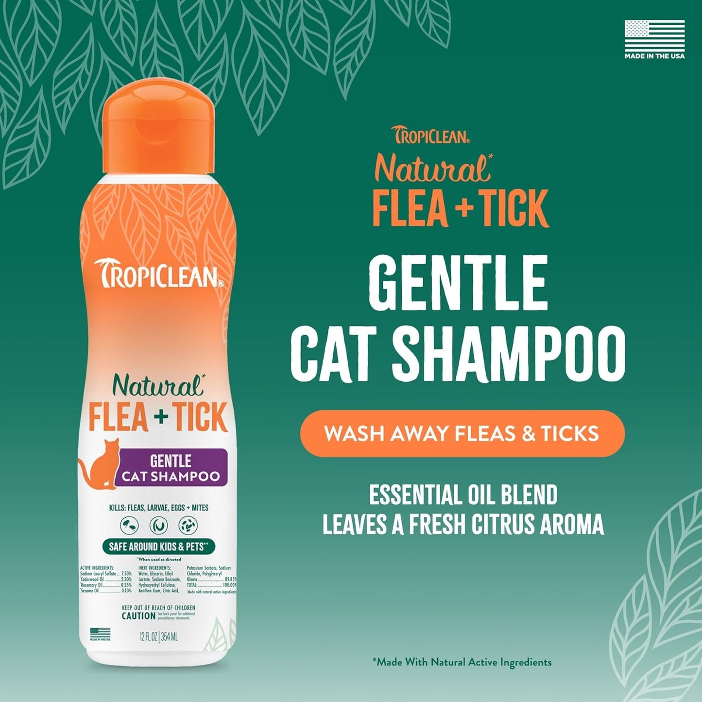 TropiClean Flea & Tick Cat Shampoo Natural Gentle Prevention 12oz USA Made