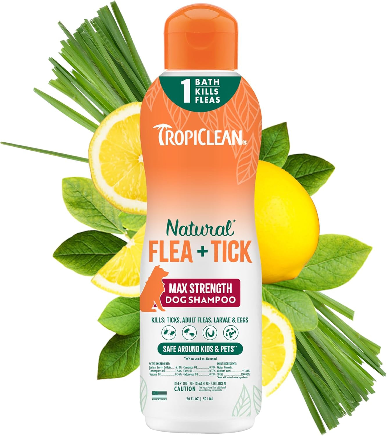 TropiClean Flea & Tick Dog Shampoo Natural Max Strength Treatment 20oz USA Maximum Strength 20 Oz