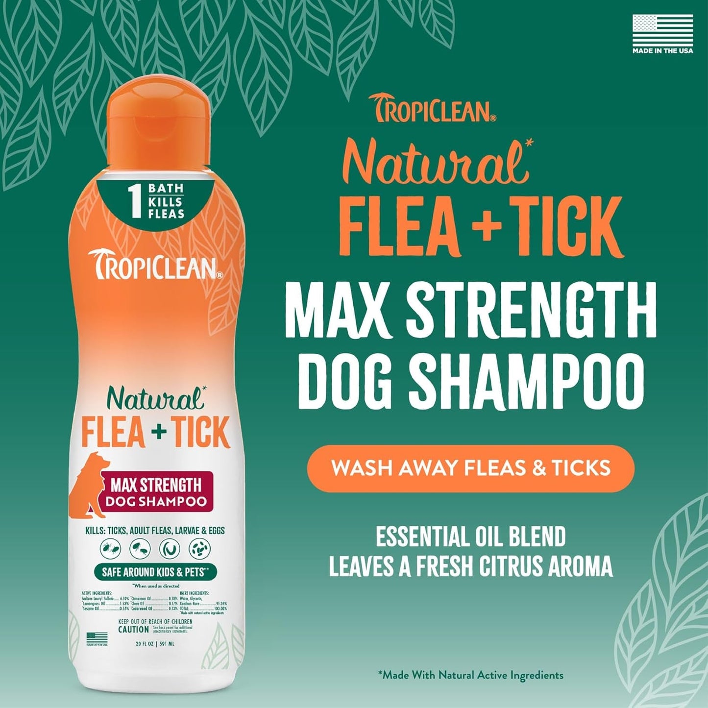 TropiClean Flea & Tick Dog Shampoo Natural Max Strength Treatment 20oz USA