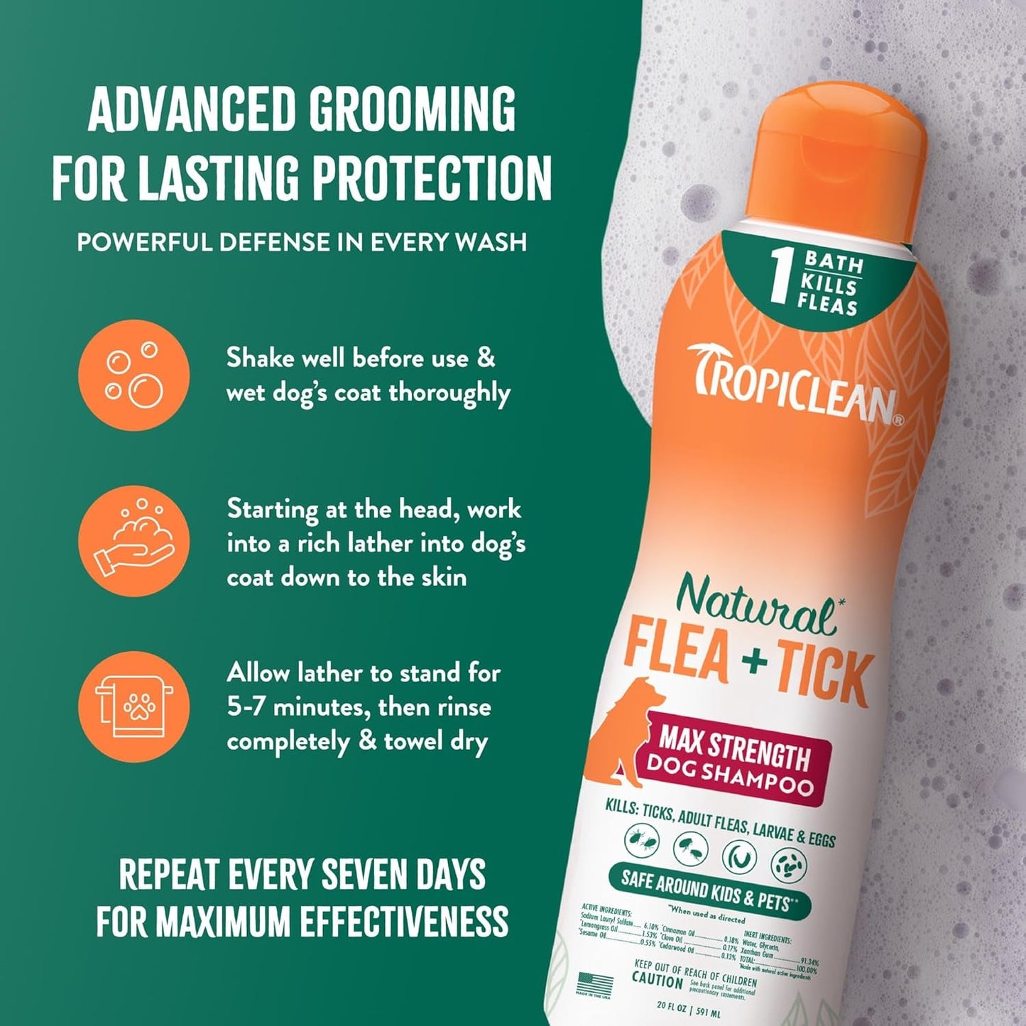 TropiClean Flea & Tick Dog Shampoo Natural Max Strength Treatment 20oz USA
