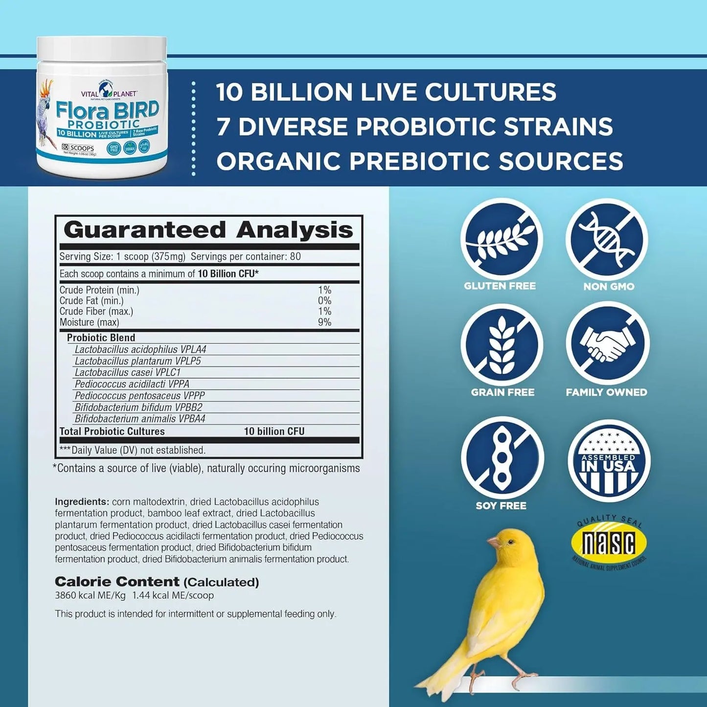 Vital Planet Flora Bird Probiotic Powder, 10 Billion CFU, 7 Strains