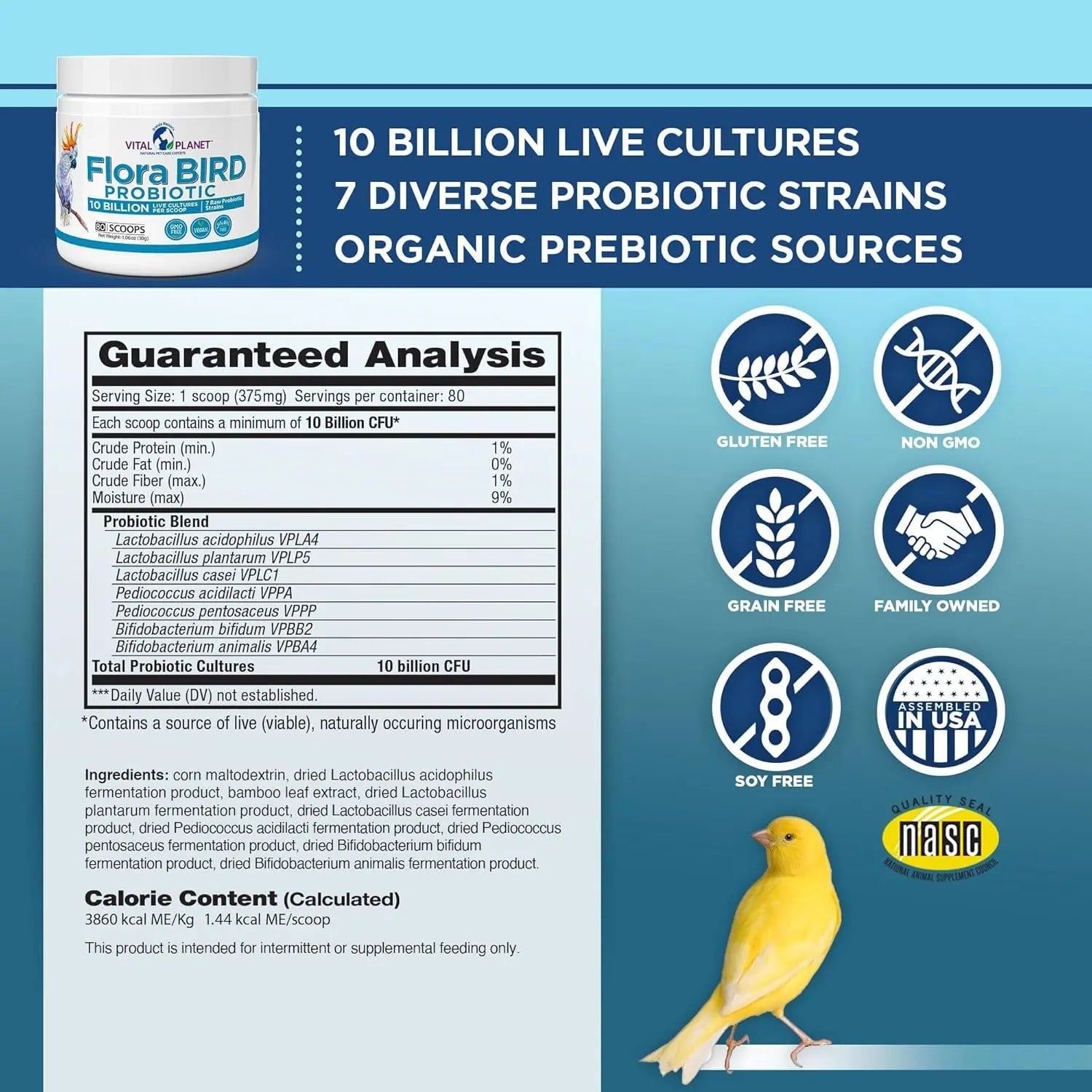 Vital Planet Flora Bird Probiotic Powder, 10 Billion CFU, 7 Strains