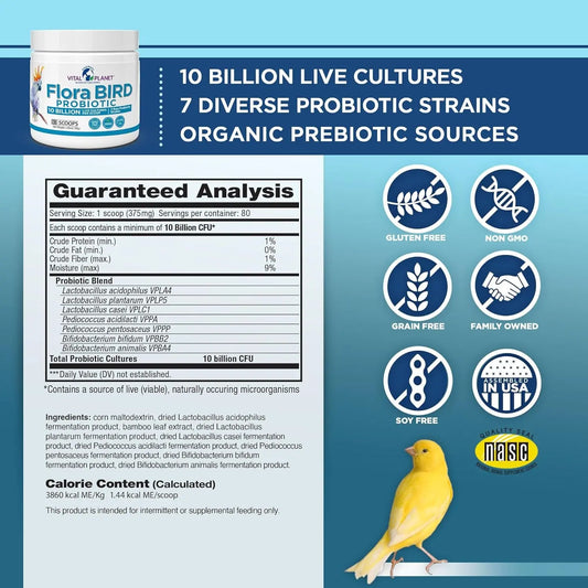 Vital Planet Flora Bird Probiotic Powder, 10 Billion CFU, 7 Strains