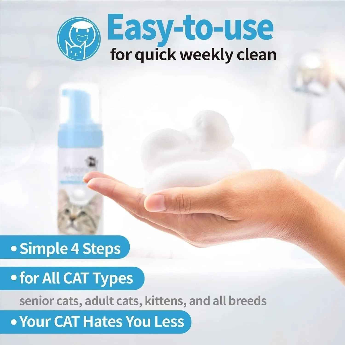 Waterless No-Rinse Cat Shampoo Foam & Brush Kit – Hypoallergenic, 5oz