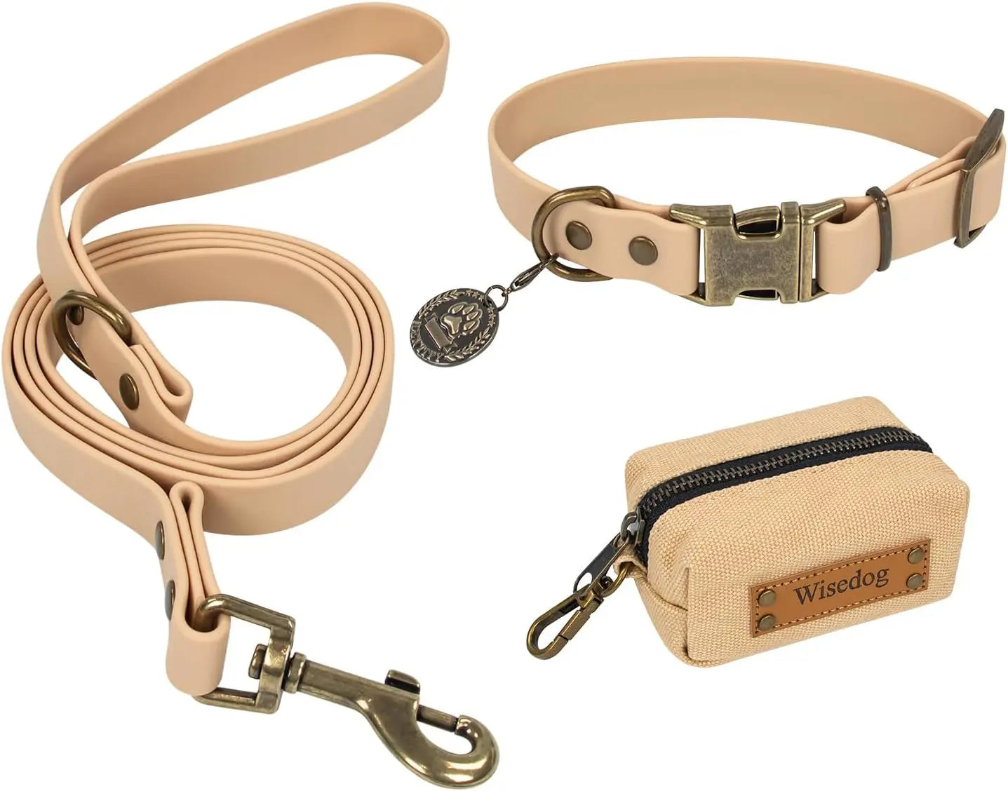 Waterproof Dog Collar & 4FT Leash Set Adjustable XS–XL with Poop Bag Sand Color