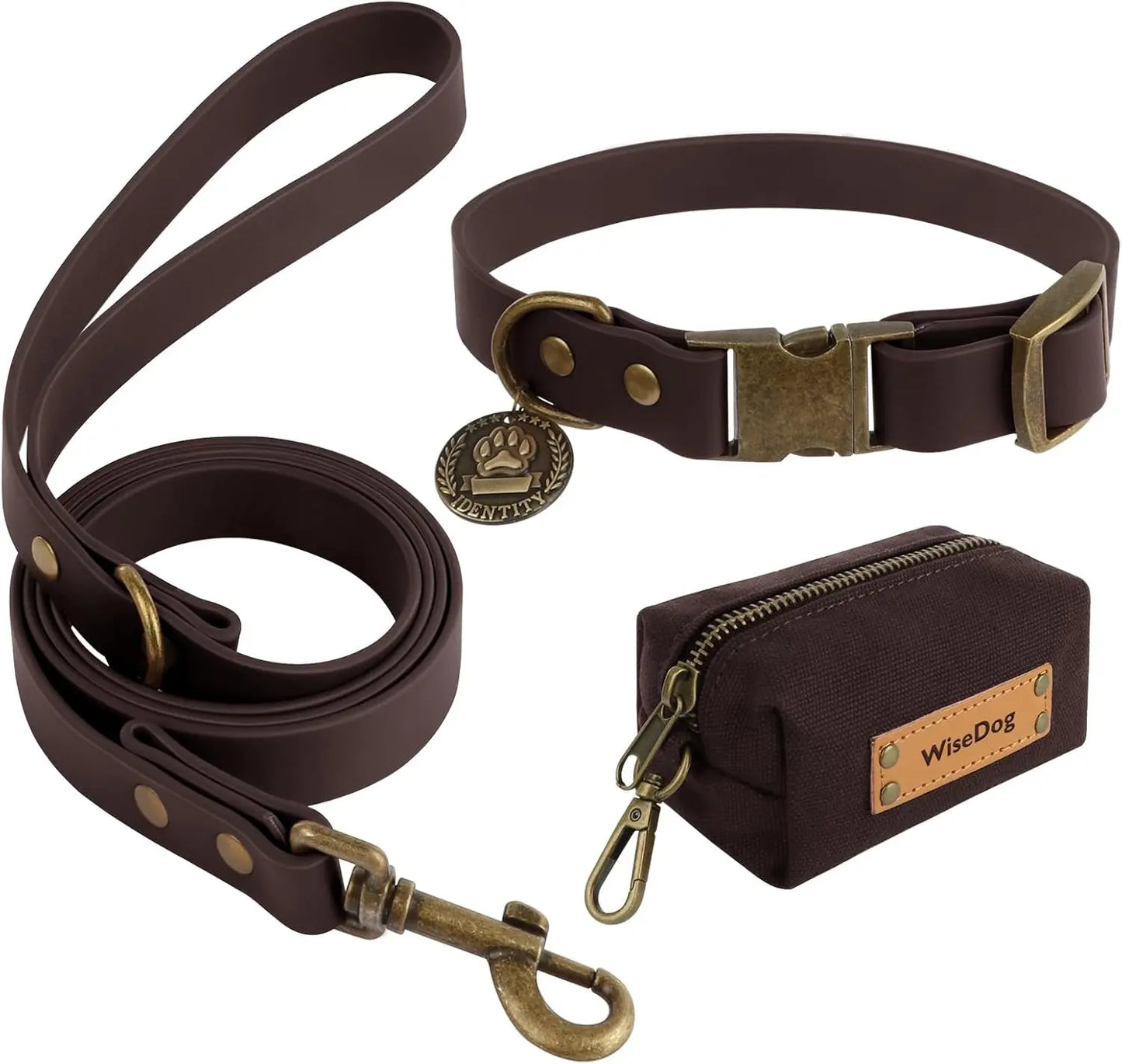 Waterproof Dog Collar & 4FT Leash Set Adjustable XS–XL with Poop Bag Brown