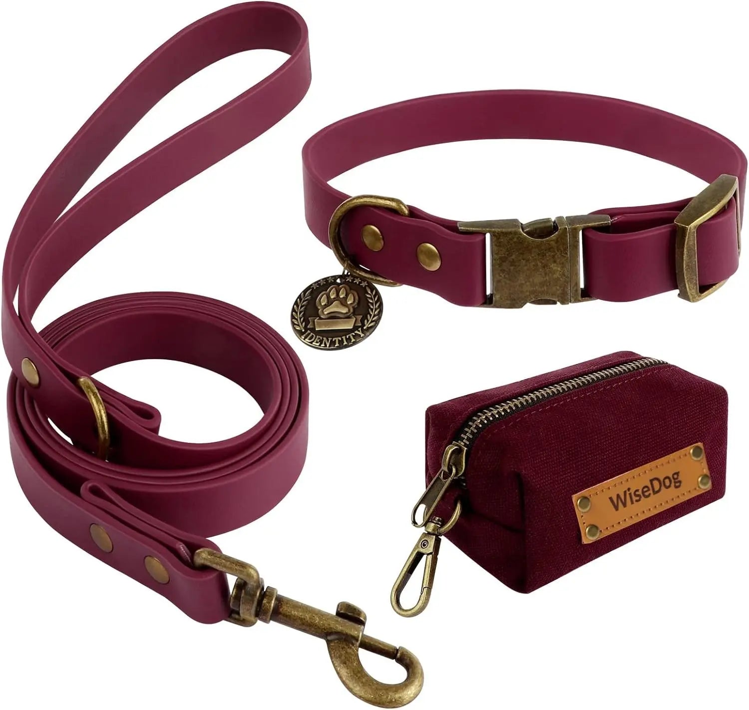 Waterproof Dog Collar & 4FT Leash Set Adjustable XS–XL with Poop Bag Burgundy