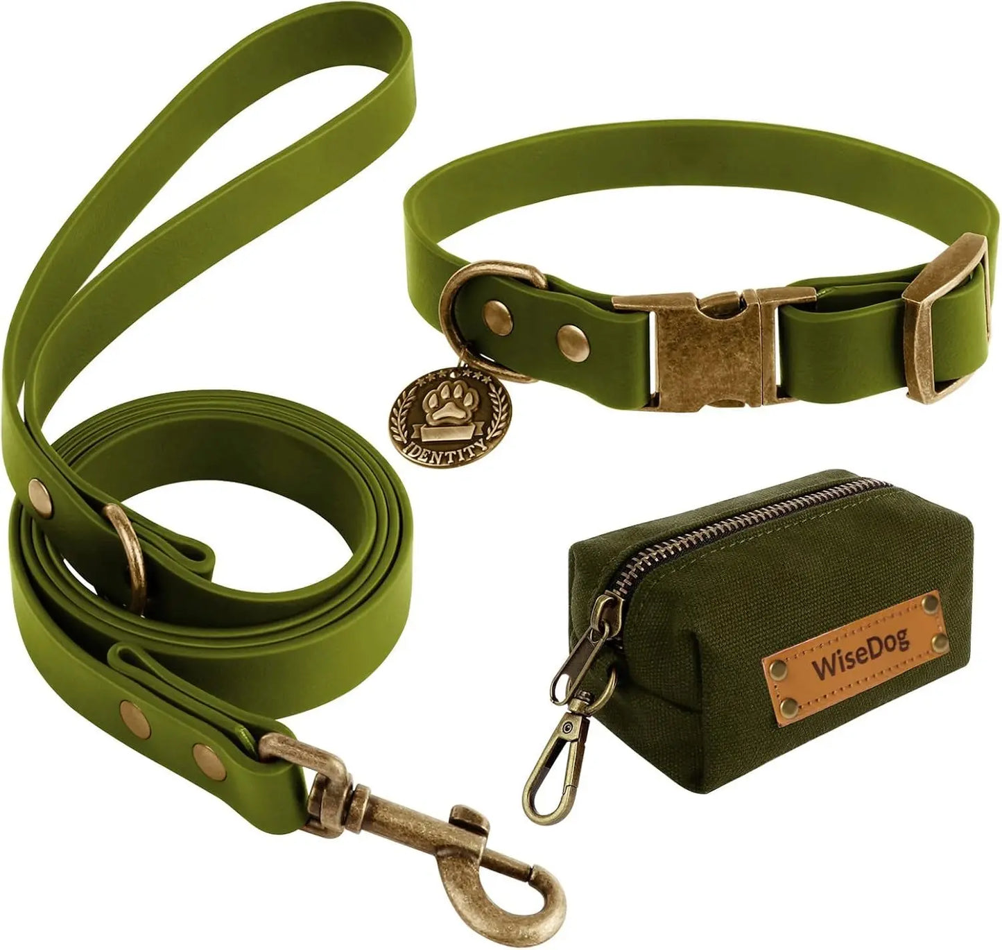 Waterproof Dog Collar & 4FT Leash Set Adjustable XS–XL with Poop Bag Green
