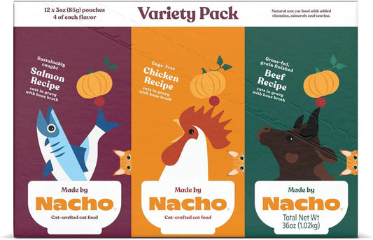 Wet Cat Food Variety Pack Bone Broth Gravy High Protein Chicken Salmon 12Pk