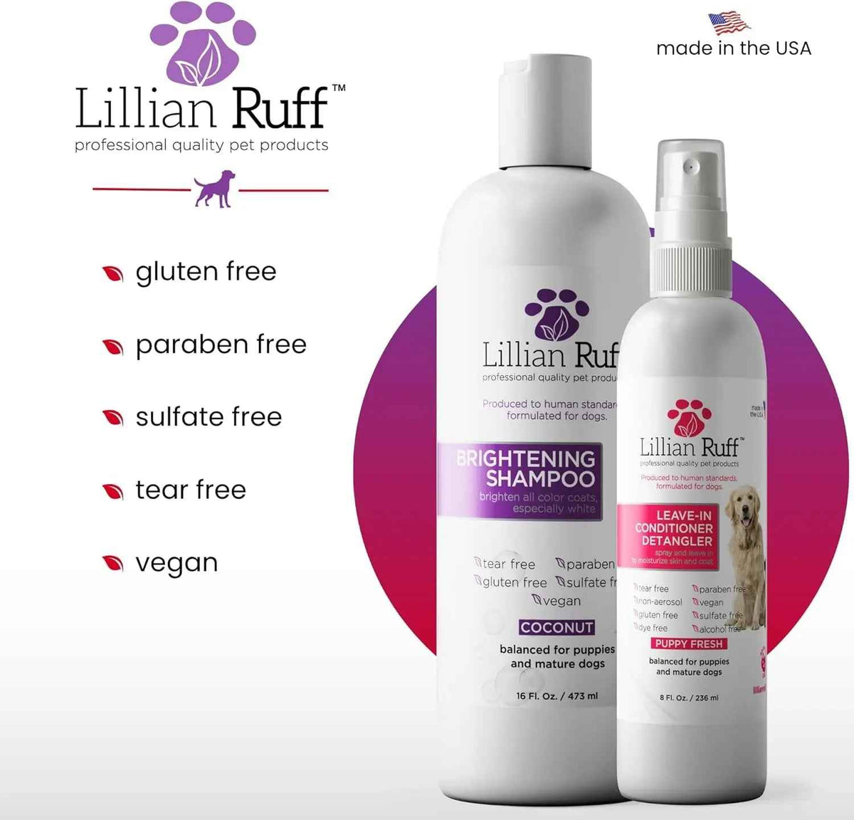 Whitening Dog Shampoo & Leave-In Conditioner Detangler Odor Control Set