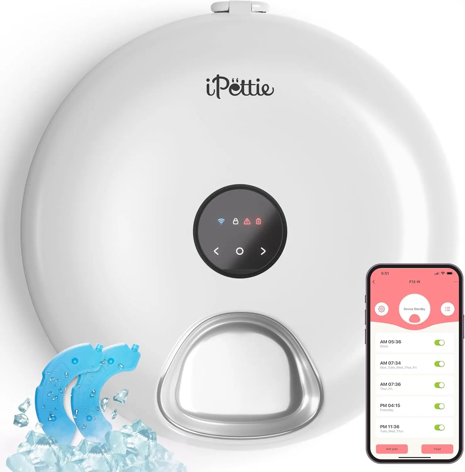 WiFi 6 Smart Cat & Small Dog Feeder with App Control, Wet & Dry Food, Ice Packs Stainless Steel White