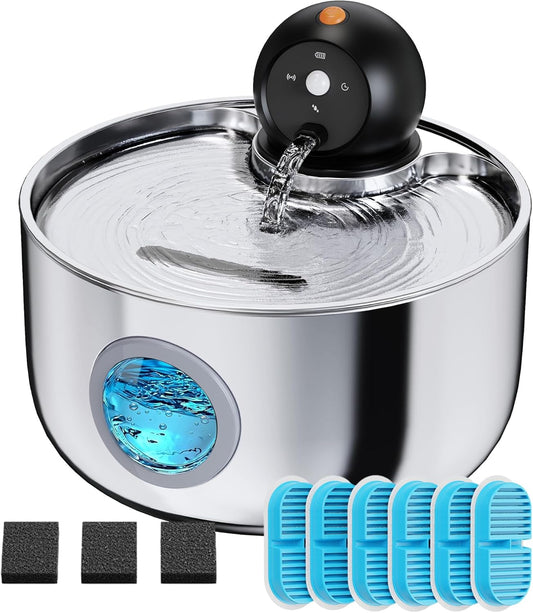 Wireless Cat Water Fountain Battery Operated Motion Sensor 2.6L Quiet Cat Fountain + 6 Filters+3 Sponges