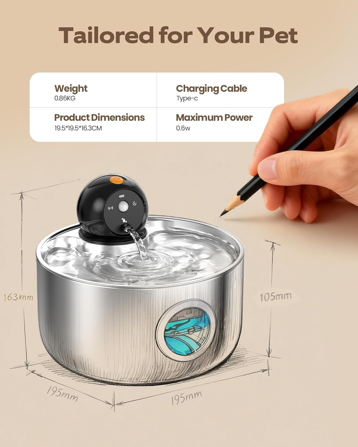 Wireless Cat Water Fountain Battery Operated Motion Sensor 2.6L Quiet