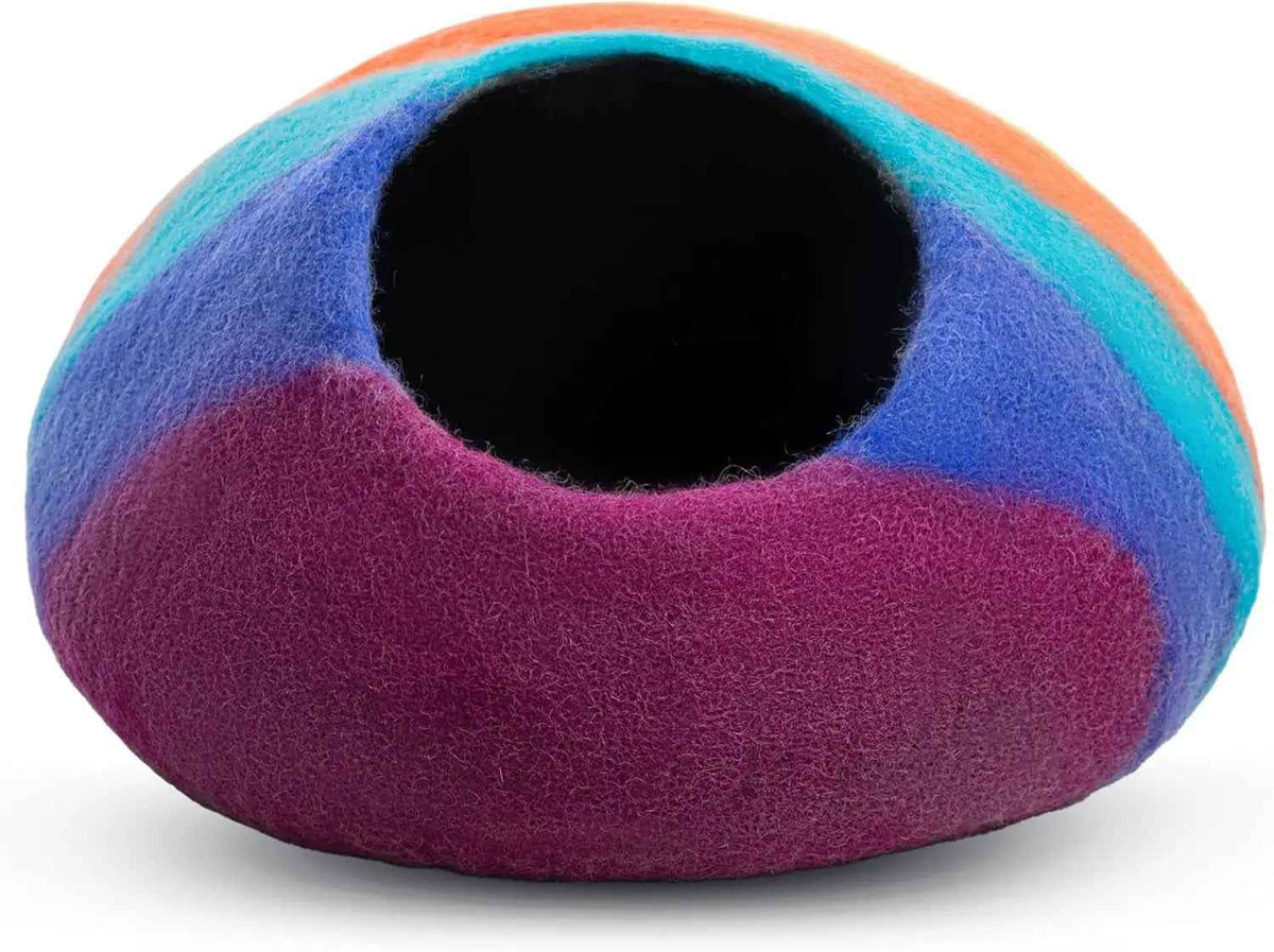 Handmade Merino Wool Cat Cave Bed – Rainbow