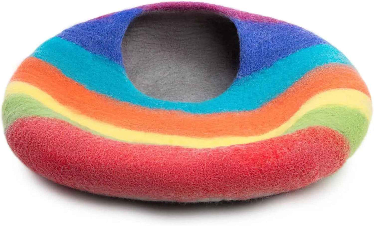Handmade Merino Wool Cat Cave Bed – Rainbow