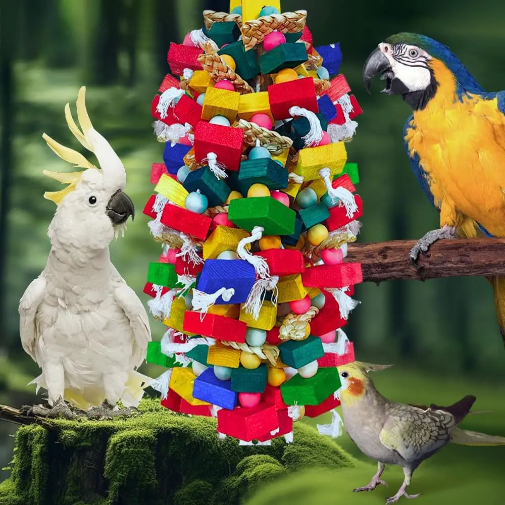 XL Parrot Toy – Natural Wood & Cotton Chew Toy for Macaws, Cockatoos & Amazons