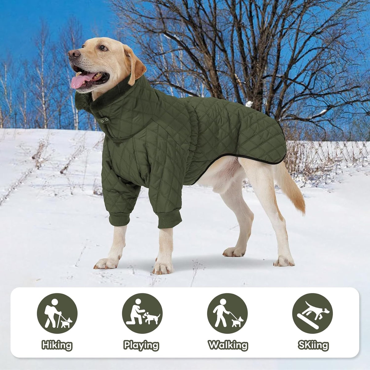 Fleece-lined waterproof dog winter coat with high collar, sizes S-3XL
