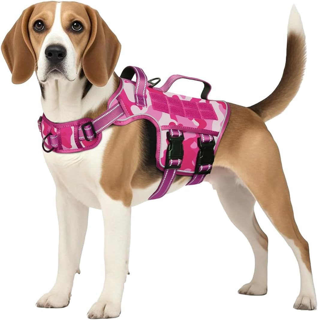 No Pull Tactical Dog Harness Heavy Duty Molle Vest for Medium to XLarge Dogs Pink Camo M(Neck:17-23",Chest:22-32"),35-50 Lbs