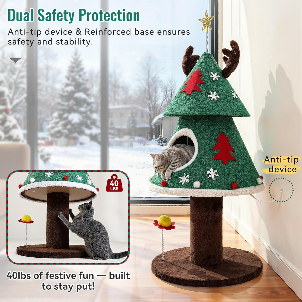 Christmas Cat Tree with Cozy Cat House – 47.2, 60 & 63 Inch