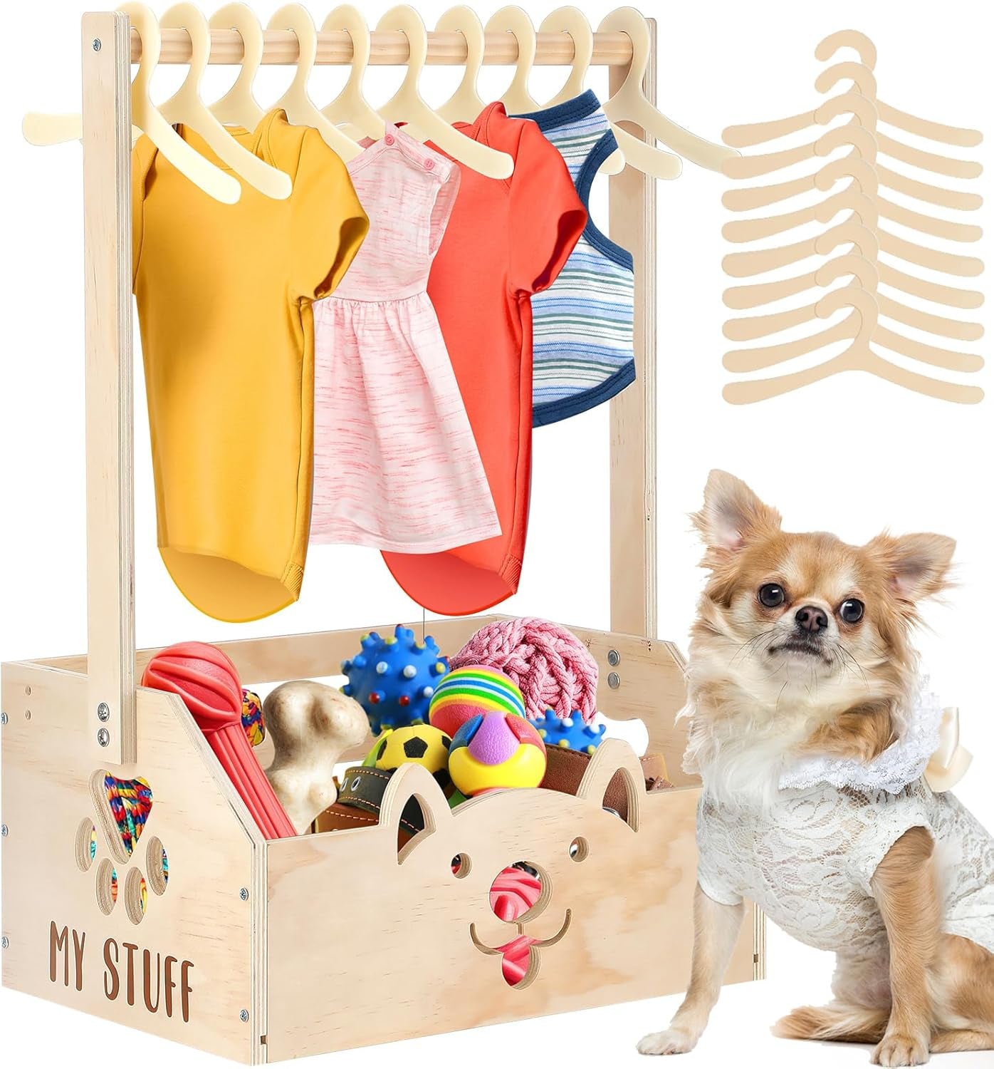 Dog Storage Organizer Wooden Closet Toy Bin Clothes Rack Hangers Pink/White Wood Color