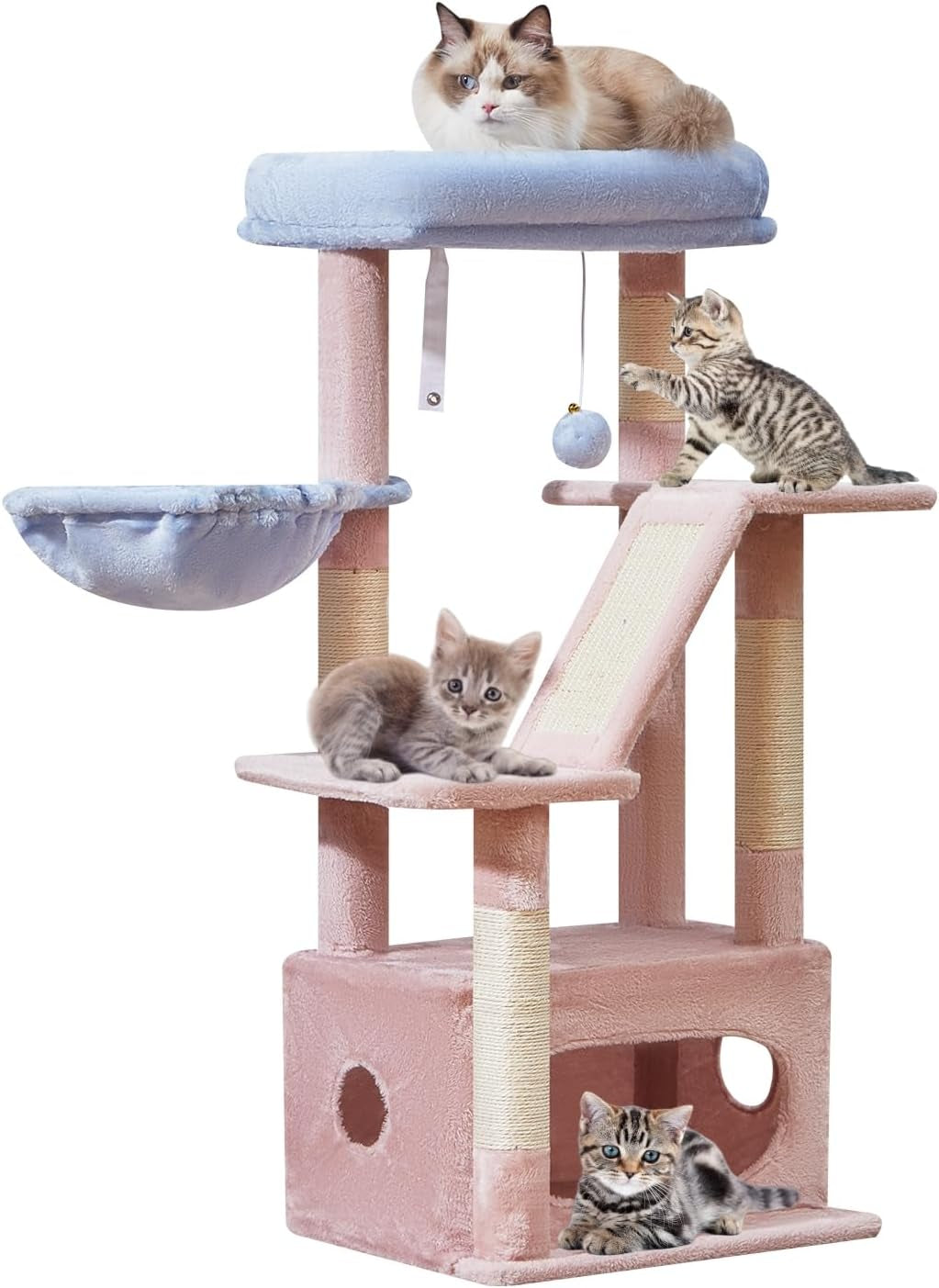 38-Inch Cat Tree for Indoor Cats | Kitten Tower with Condo, Hammock & Perch 38.5 Inches Pink And Blue