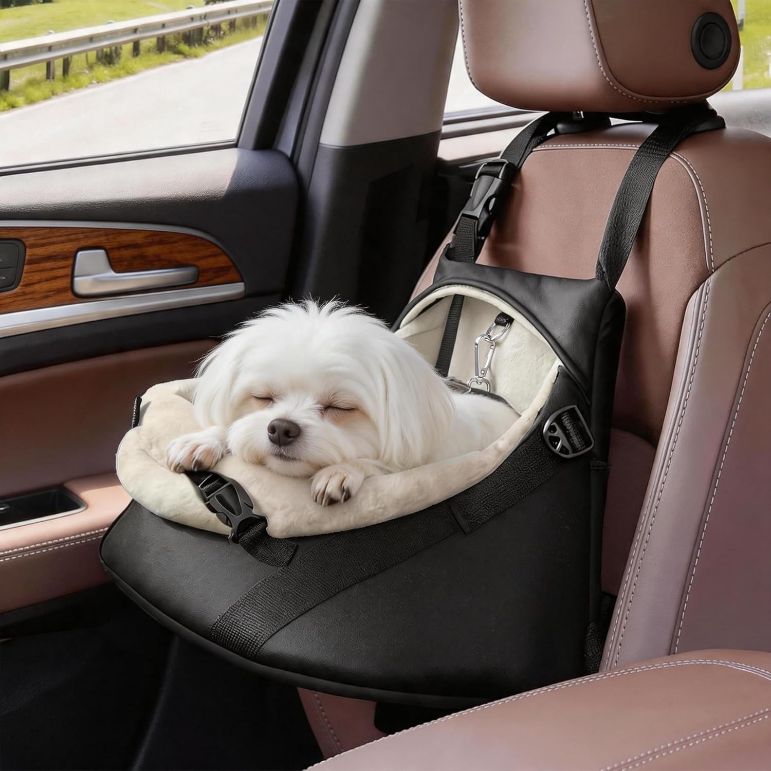 Small Dog Car Seat Booster PU Leather Travel Seat for Dogs up to 7lbs Black Small (Under 7Lbs)