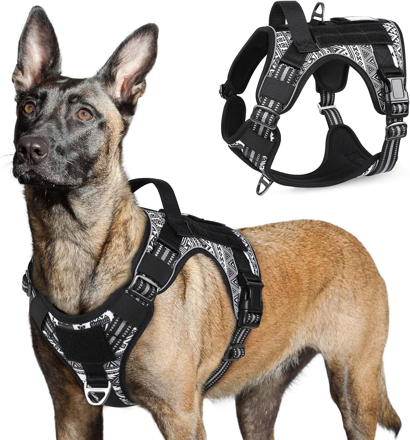 No Pull Tactical Dog Harness Molle Vest Adjustable Medium Large Dogs Black White Geometric Large