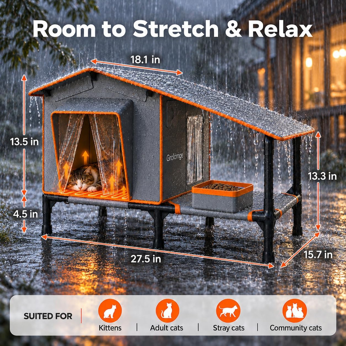 Heated Outdoor Cat House with Covered Terrace & Dual Exits