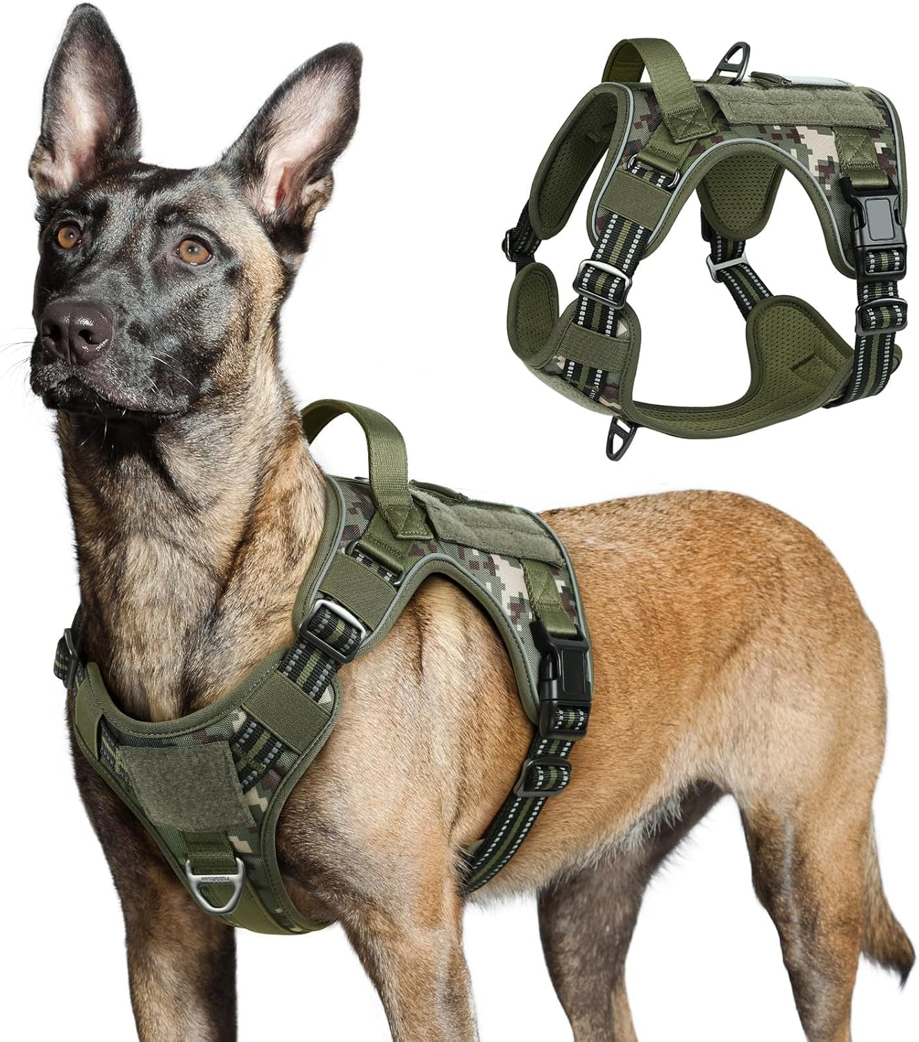 No Pull Tactical Dog Harness Molle Vest Adjustable Medium Large Dogs Green Camo Large