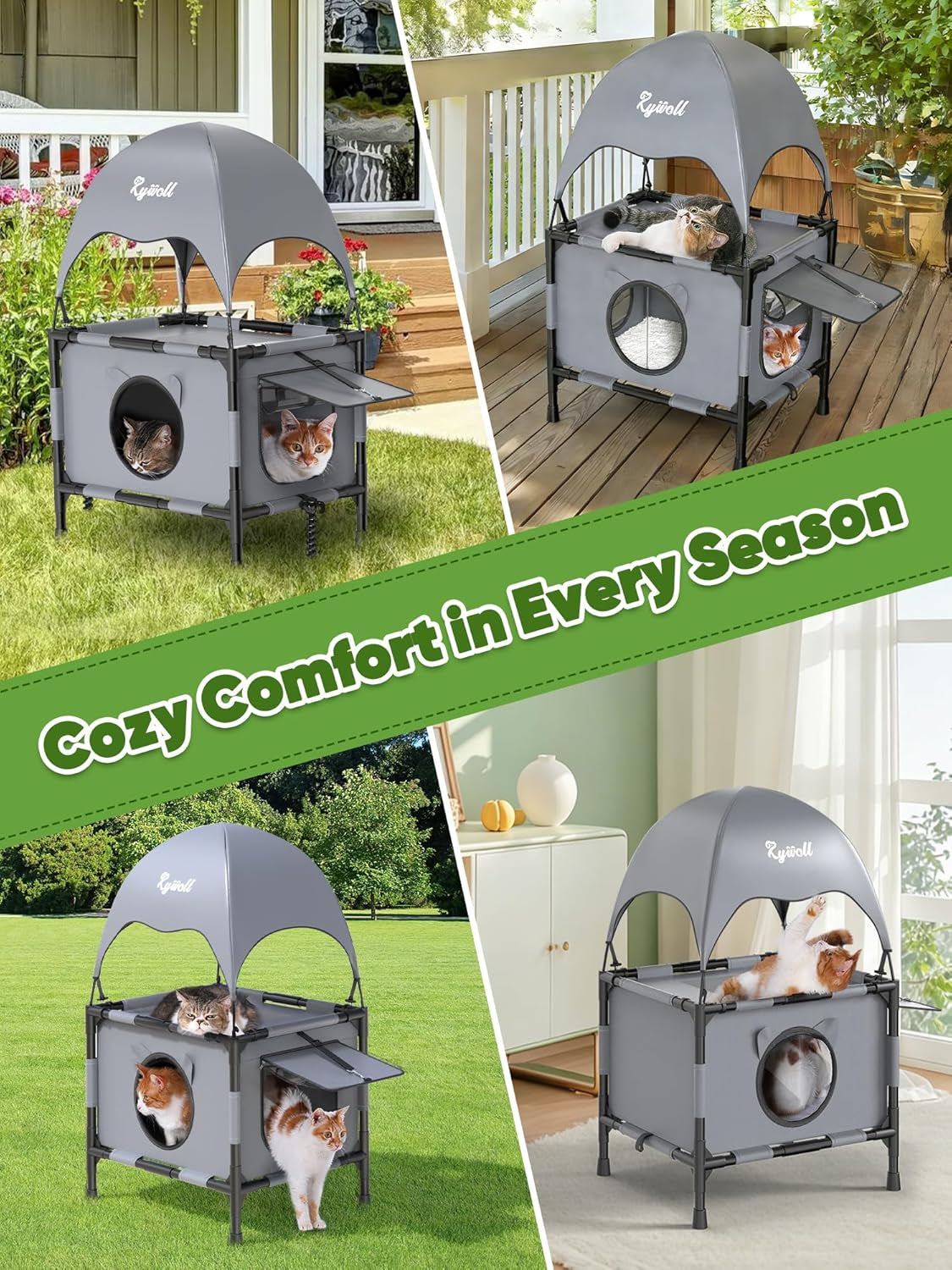 Outdoor Cat House Elevated 2 Tier Shelter with Canopy & Mesh