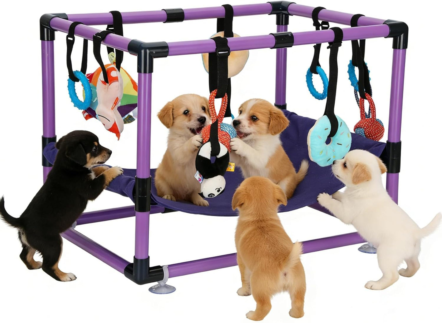 Indoor Puppy Play Gym with Hammock 8 Toys Dog Enrichment Activity Center Purple