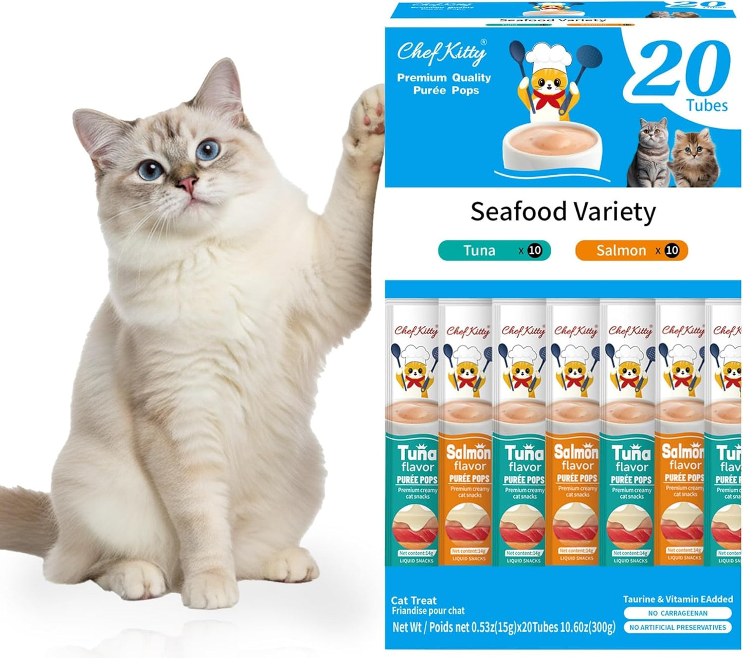 Lickable Cat Treats Grain Free Taurine High Protein Puree Toppers 20 Tubes Seafood 20 Count (Pack Of 1)