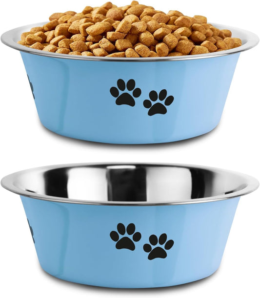 Stainless Steel Dog Bowls — Non-Slip, No-Spill Pet Food & Water Bowls | Set of 2 Blue 3.6 Cups 29 Oz