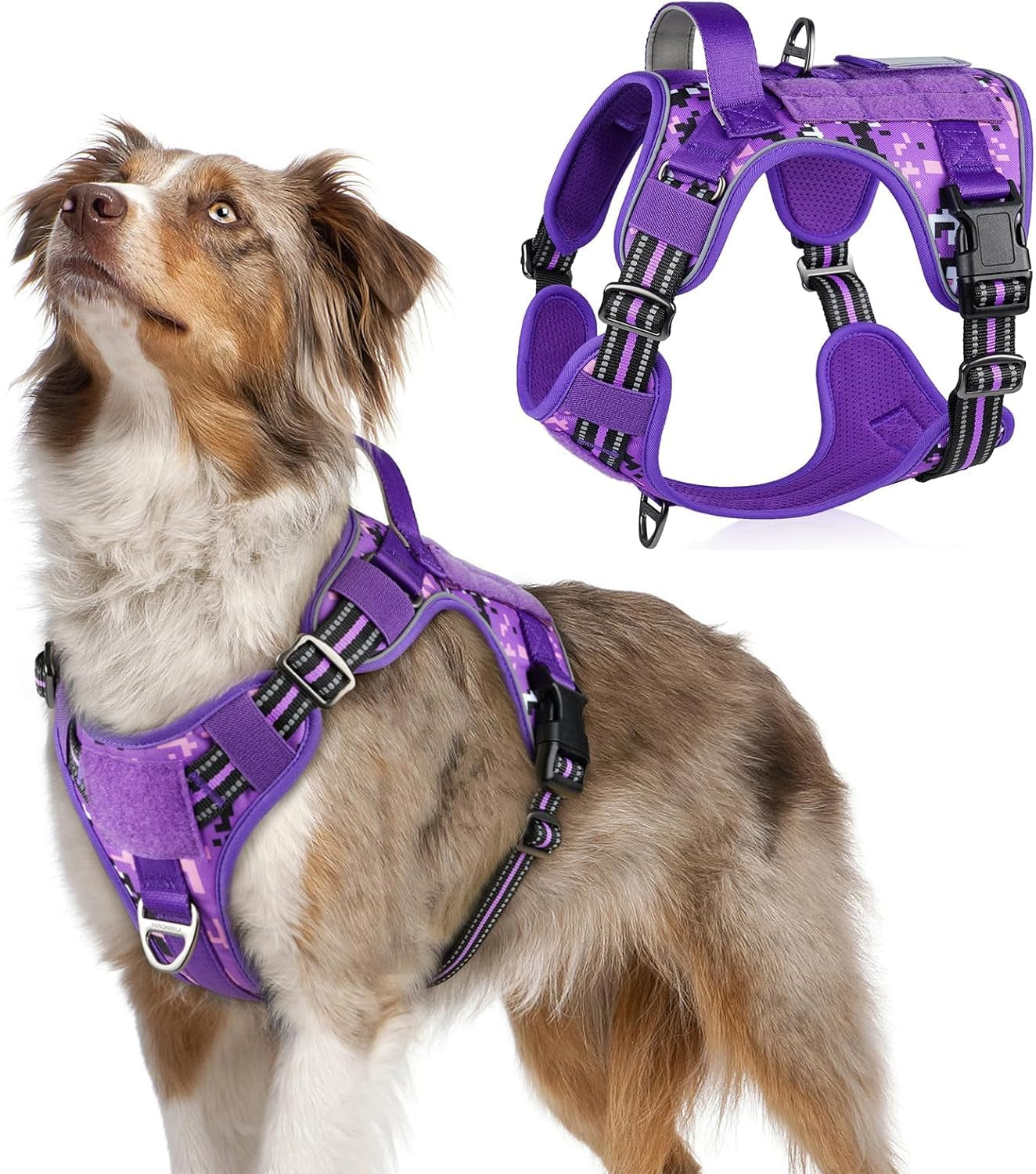No Pull Tactical Dog Harness Molle Vest Adjustable Medium Large Dogs Purple Camo Medium