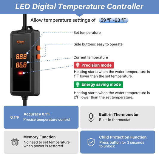 Hygger Aquarium Heater 200W/300W/500W with Smart Temperature Control